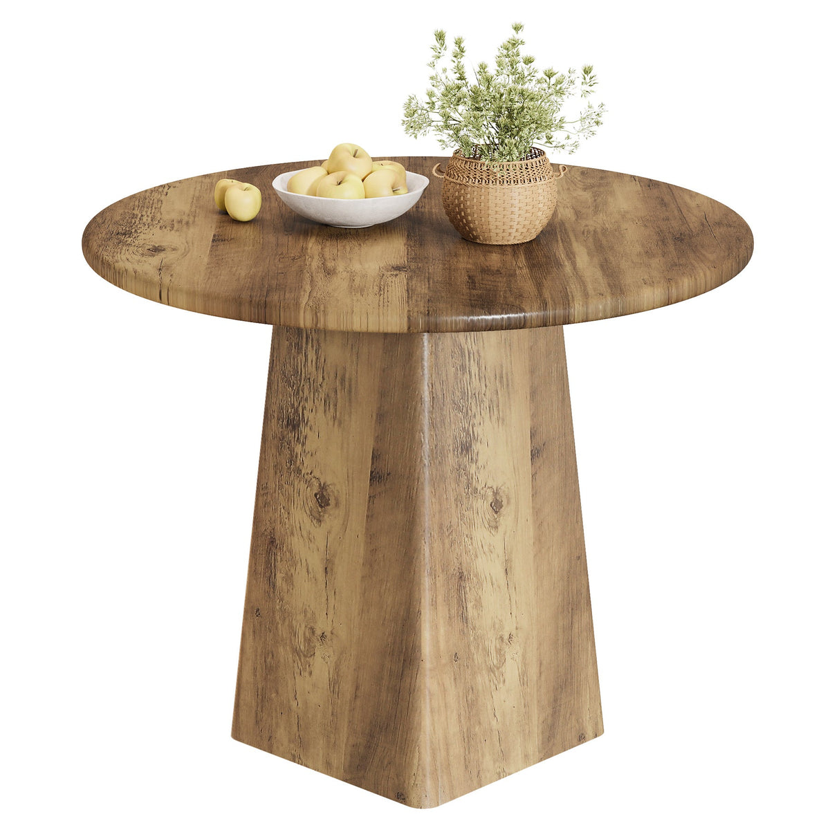 31.5" Dining Table for 4 - Round Farmhouse Kitchen Table with Square Base in Rustic Brown