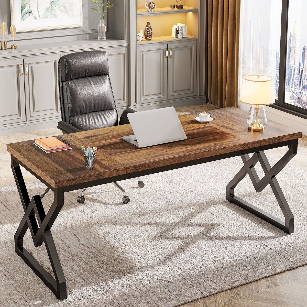 63-Inch Large Office Desk, Industrial Computer Executive Desk with Extra Thick Wood-Look Top and Metal Frame for Home Office