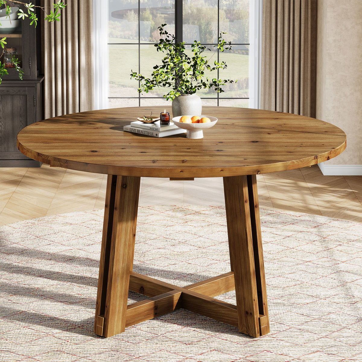 47.3-Inch Solid Wood Round Dining Table for 4-6 People, Farmhouse Kitchen Table with Cross-Shaped Base for Dining Room