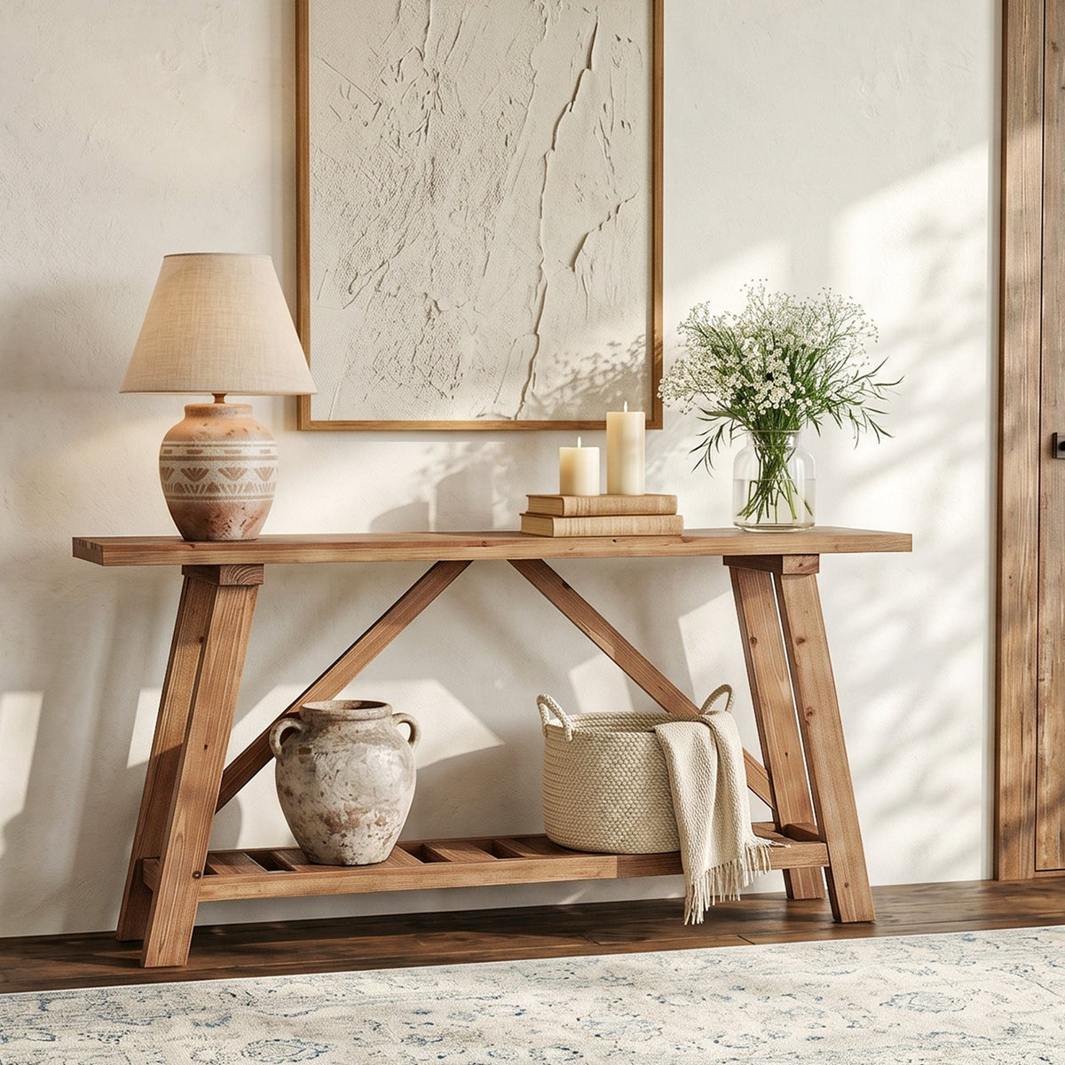 62.99-Inch Solid Wood Console Table, Narrow Design with Storage Shelf for Entryway Living Room and Hallway