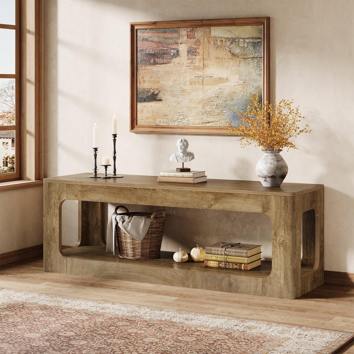 63-Inch Farmhouse Console Table with Circle Design, 2-Tier Entryway Table for Hallway