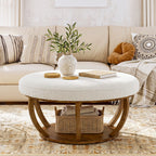 31.5-Inch Round Ottoman Coffee Table, Upholstered Storage Footrest Table