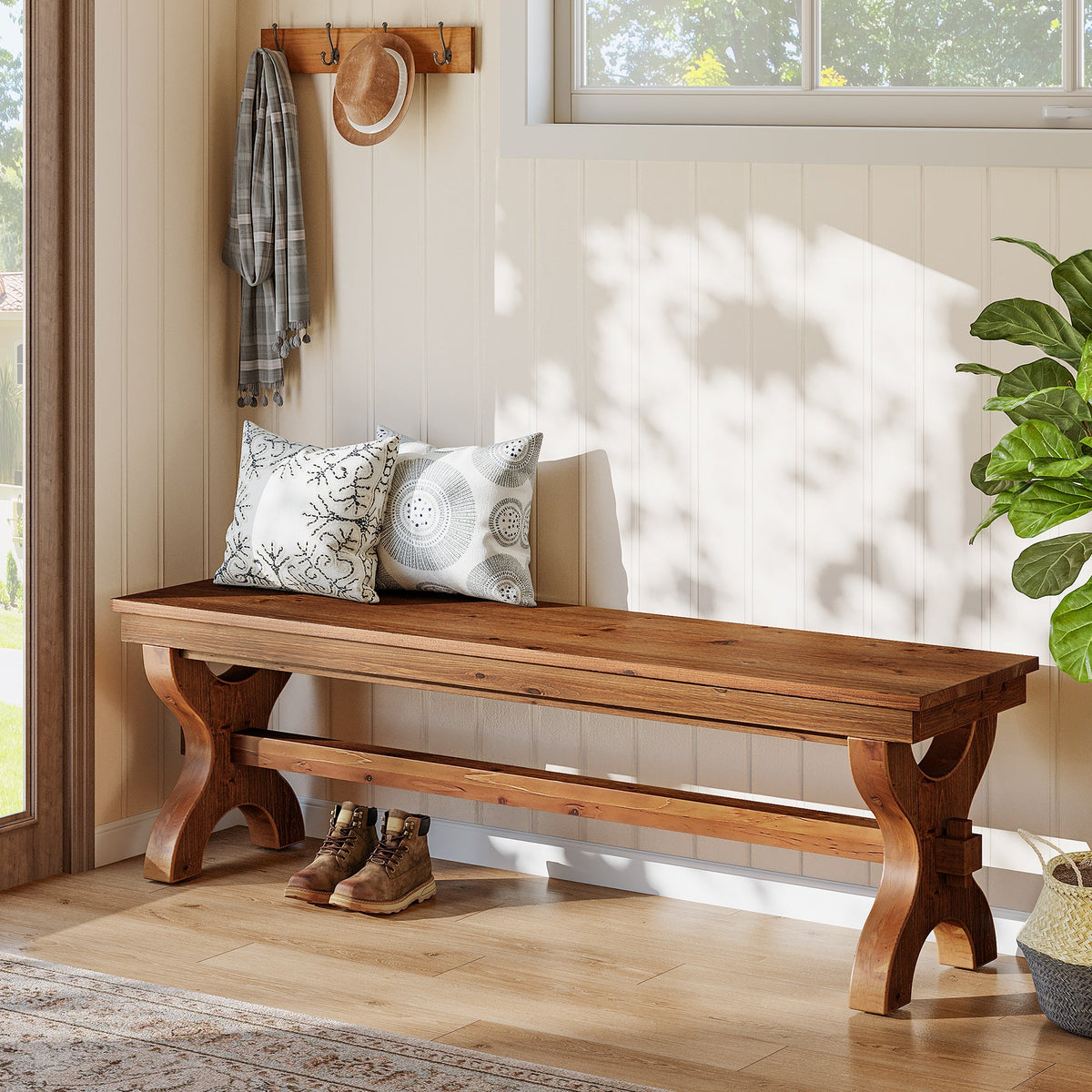 55 Inch Solid Wood Entryway Bench for 2, Farmhouse Narrow Seat for Hallway and Bedroom