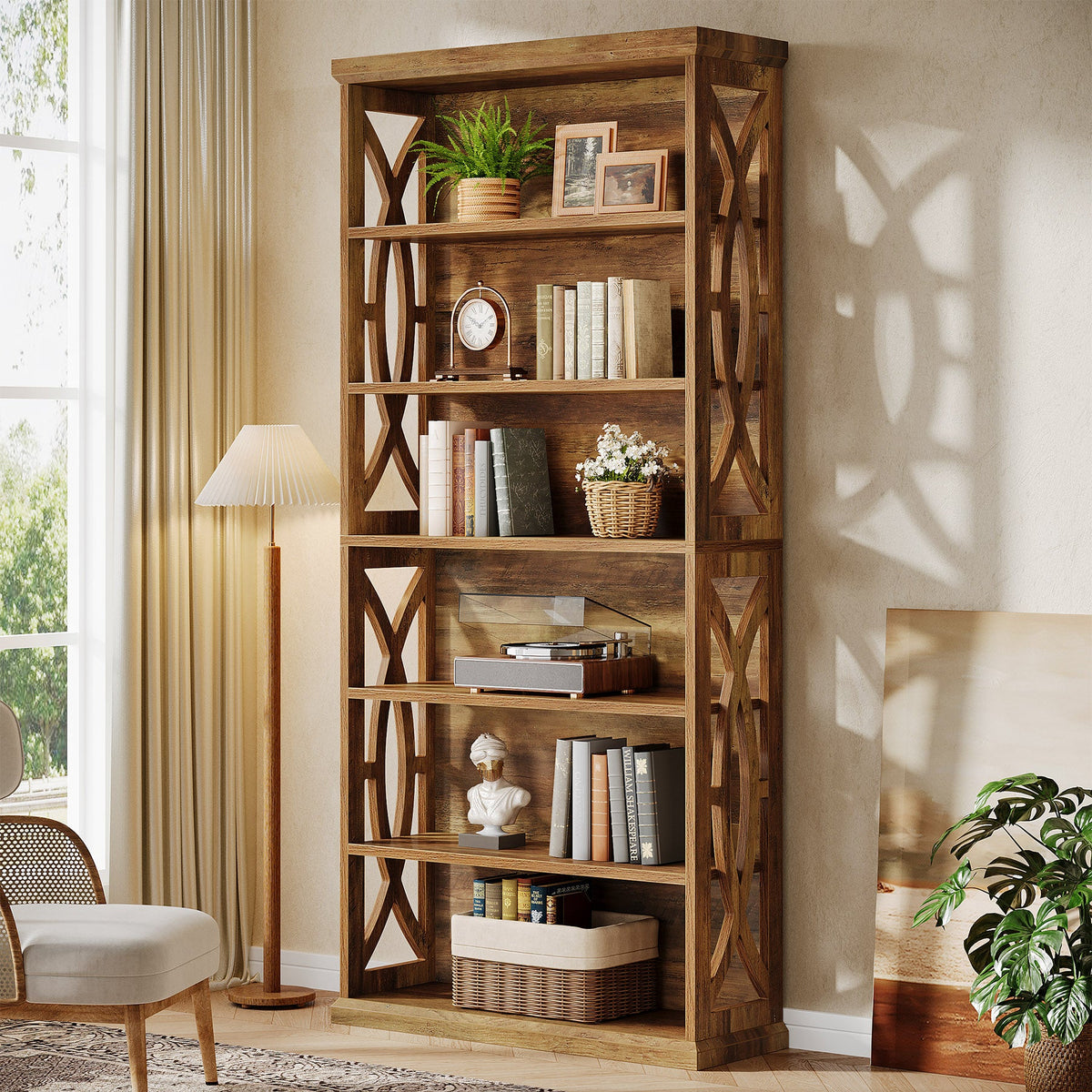 70.8-Inch Tall Bookshelf, 6-Tier Rustic Wooden Bookcase with Anti-Tipping Kit