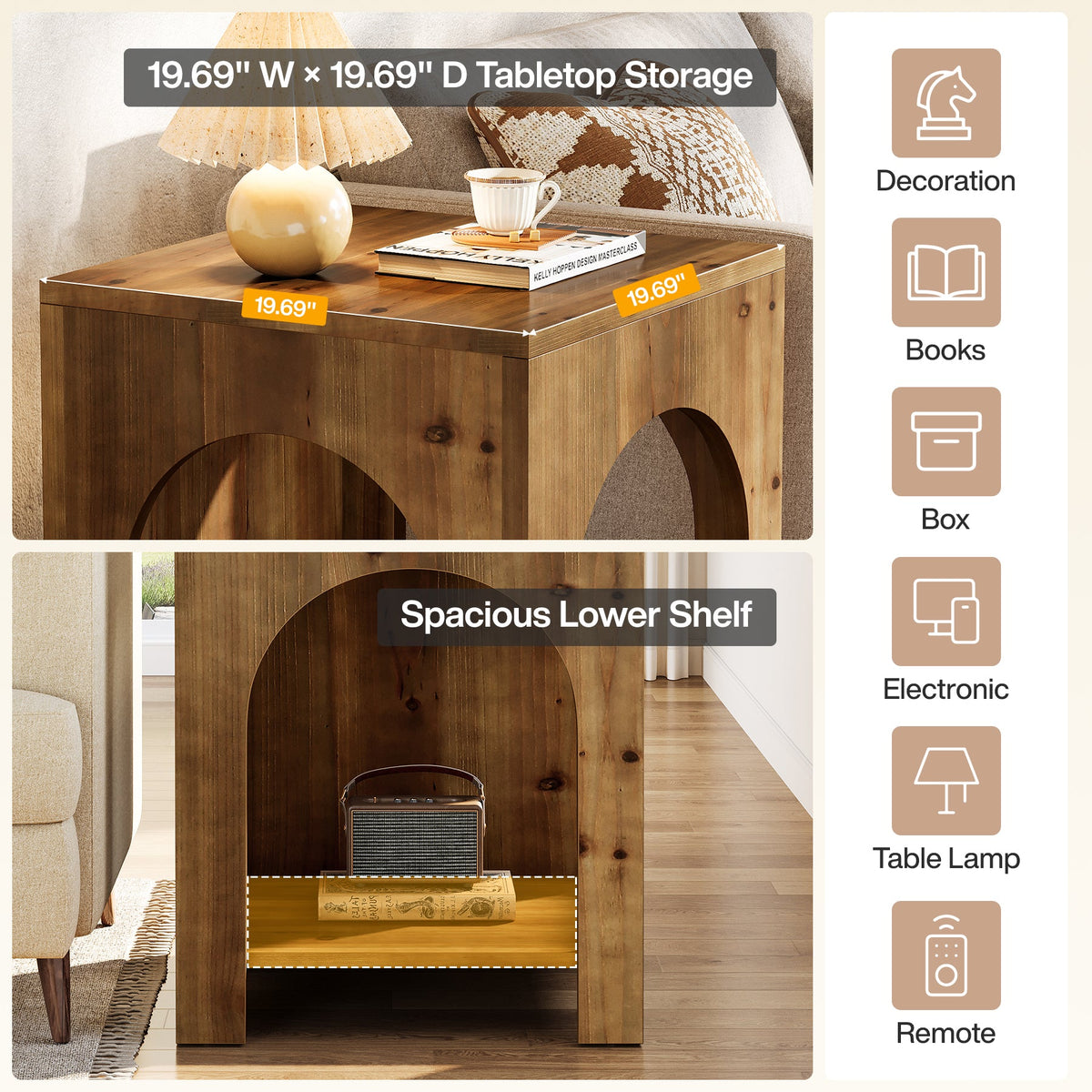19.69-Inch Farmhouse Side Table with Arch Design, Wooden End Table for Living Room