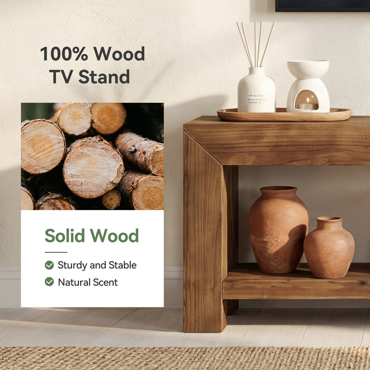 63-Inch Solid Wood TV Stand for TVs up to 75 Inches with 2-Tier Open Storage Shelves