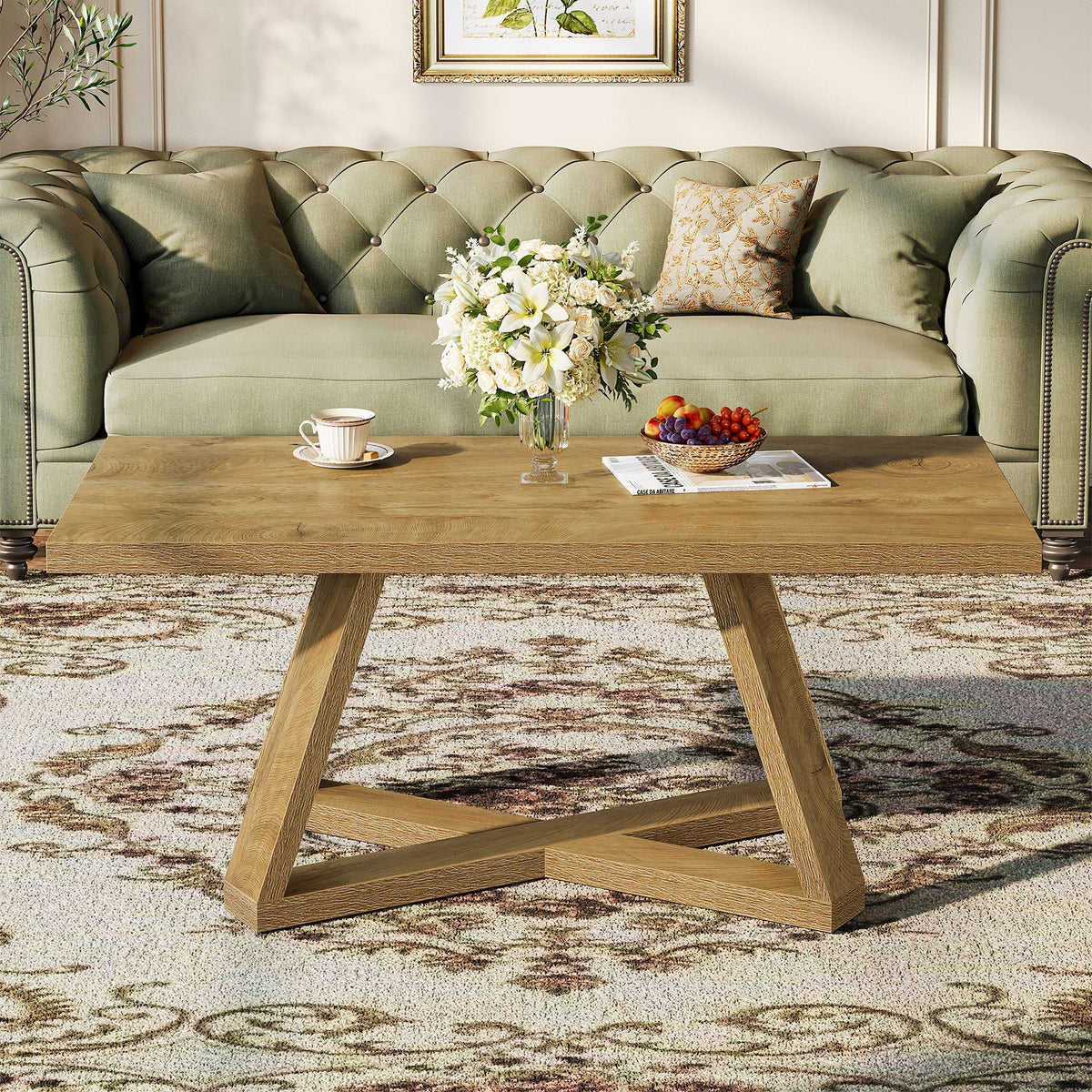 47" Rectangle Coffee Table, Farmhouse Wooden Accent Table for Small Spaces