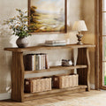 63-Inch Solid Wood Console Table with 3-Tier Open Storage, Rustic Pinewood Entryway Table for Hallway