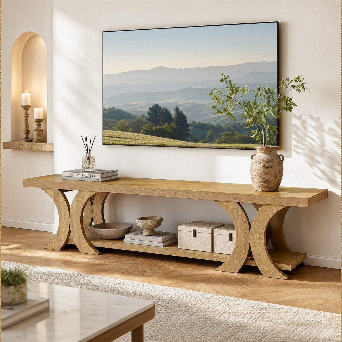70.87-Inch Extra Long TV Stand with Open Shelf, Farmhouse Media Console for Living Room