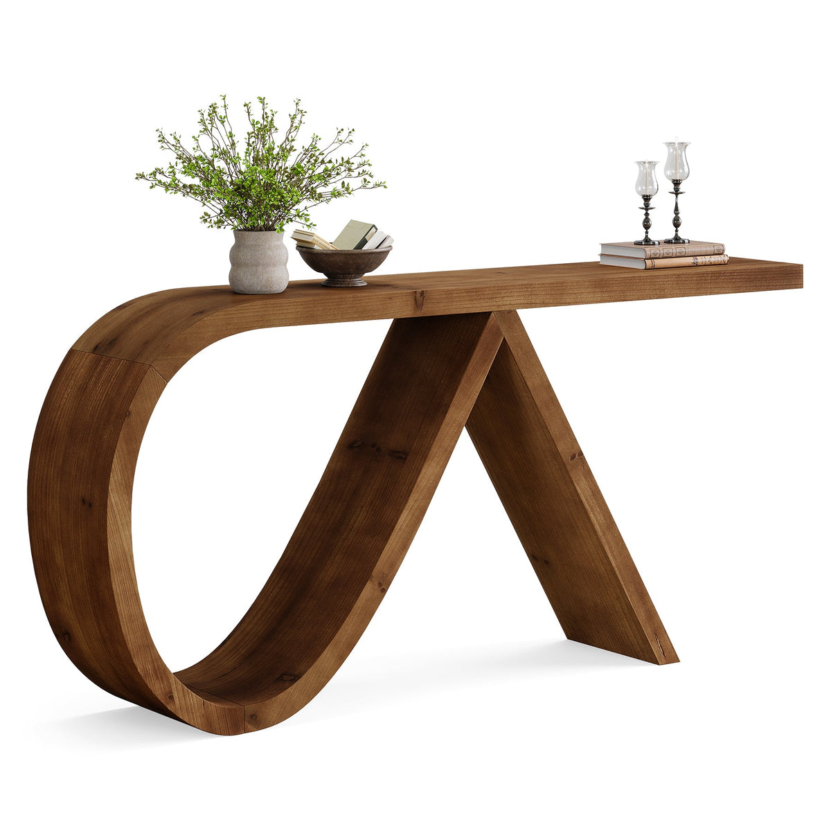 57-Inch Curved Console Table, Solid Wood Sofa Table for Hallway