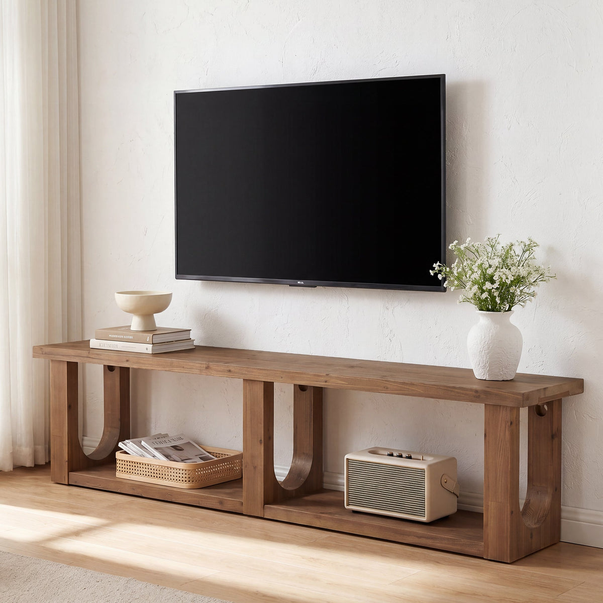 70-Inch Solid Wood TV Stand with 2-Tier Storage, Farmhouse Media Console for Living Room