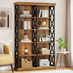 75-Inch Tall Double Wide Bookcase, 6-Tier Industrial Bookshelf with X-Pattern Frame