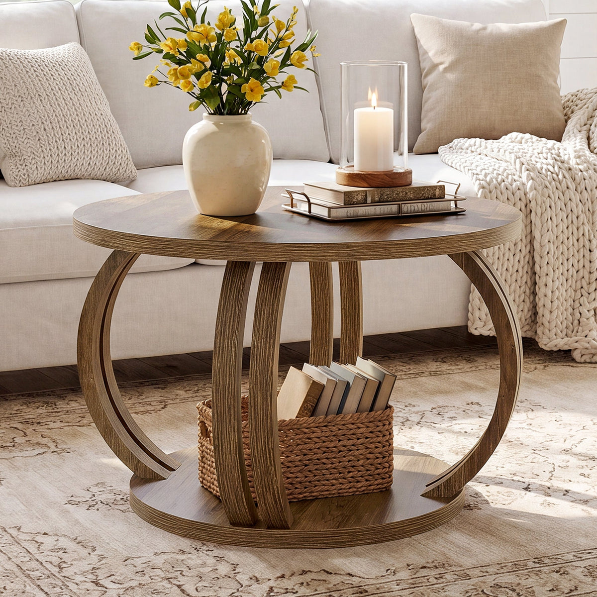 31.5 Inch Round Coffee Table with Storage, Sculptural Curved Base for Living Room
