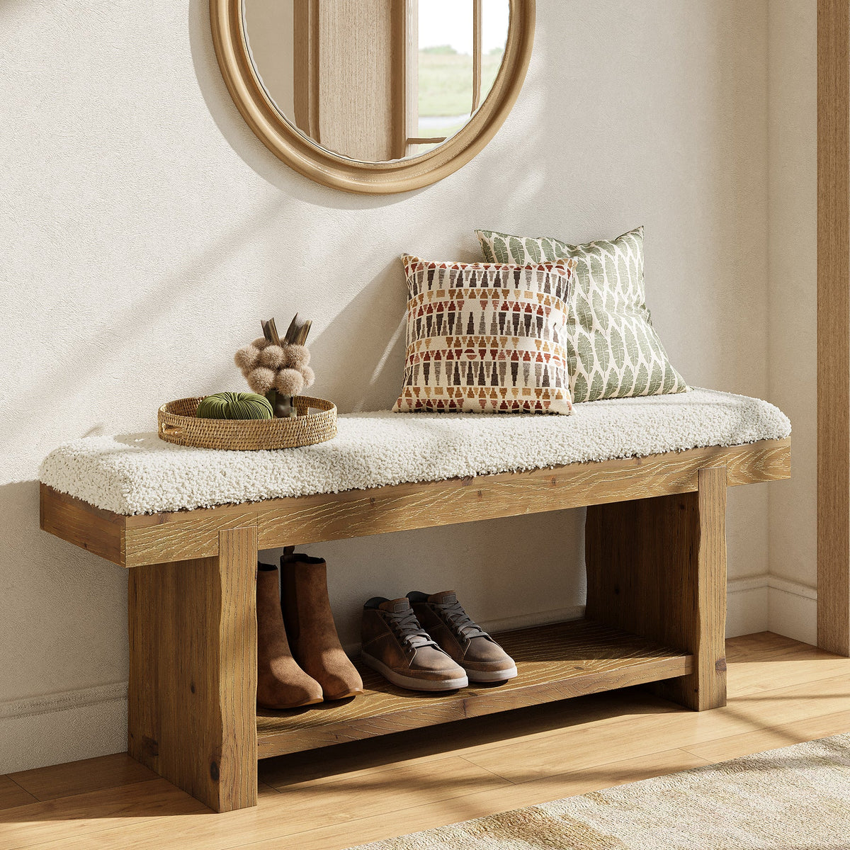 47.2-Inch Farmhouse Entryway Bench with Storage Shelf, Solid Wood Upholstered Shoe Bench for Mudroom