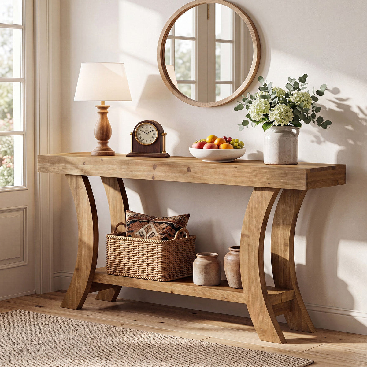 63 Inch Solid Wood Console Table with Shelf, Arched Farmhouse Entryway and Sofa Table