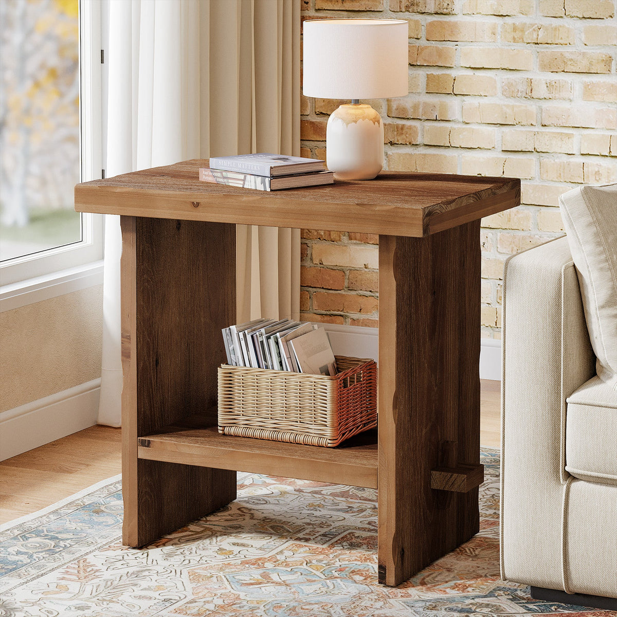 23.62 Inch Solid Wood Side Table with 2-Tier Storage, Farmhouse End Table for Bedroom