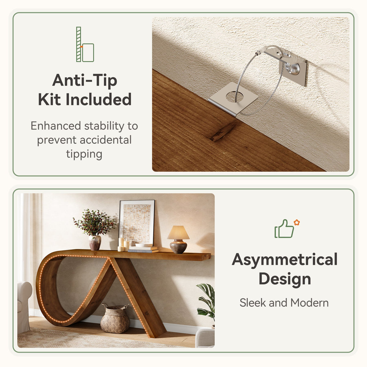 57-Inch Curved Console Table, Solid Wood Sofa Table for Hallway