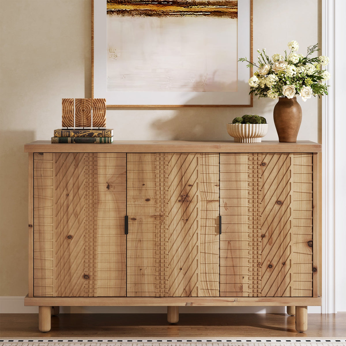 47.6-Inch Farmhouse Sideboard Cabinet with 3 Doors, Solid Wood Buffet Cabinet for Kitchen