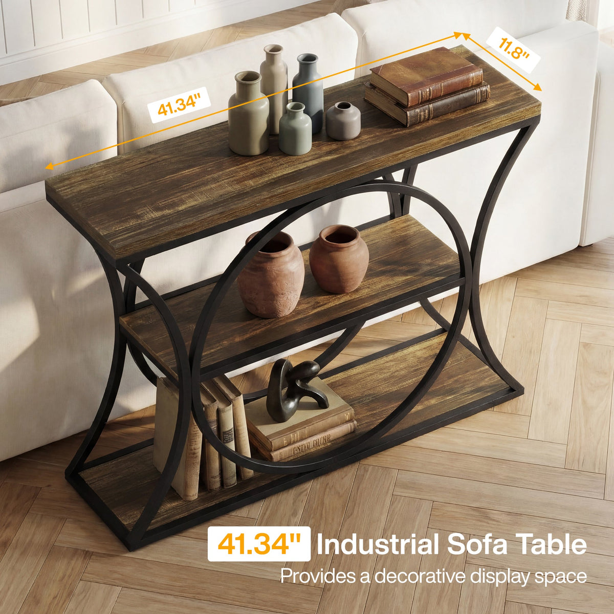 43.34" Industrial Console Table with 3-Tier Storage, Sofa Table for Living Room Hallway Behind Couch
