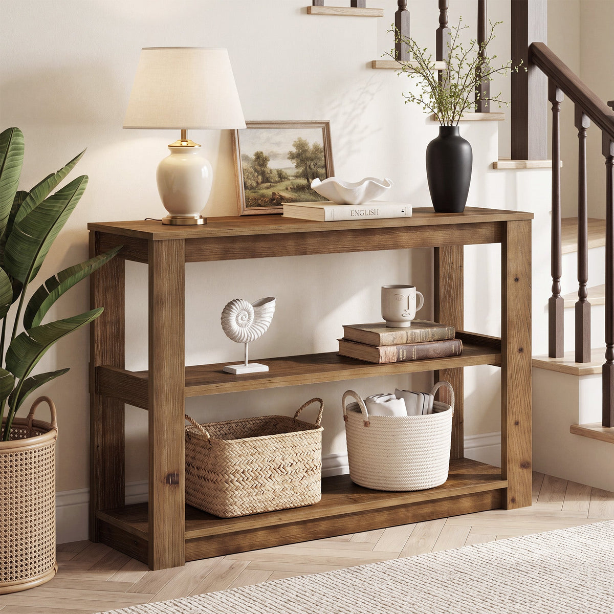 41.3 Inch Solid Wood Console Table with 3-Tier Storage, Farmhouse Hallway Table