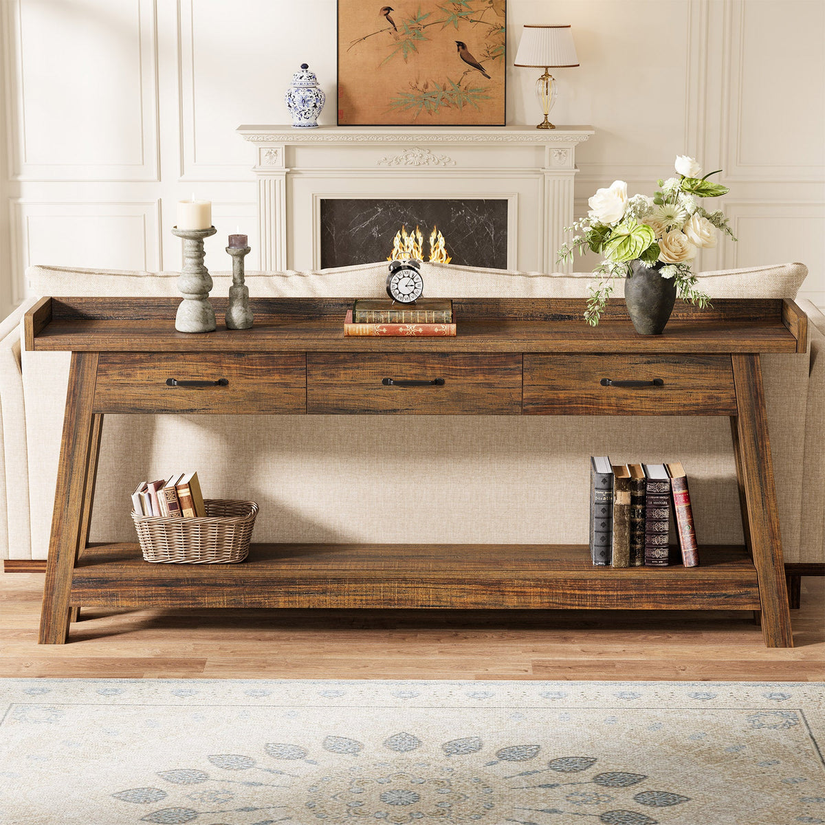 70.9 Inch Extra Long Console Table with 3 Drawers, 2-Tier Sofa Table for Living Room