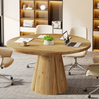 47.24-Inch Solid Wood Conference Table, Rustic Round Meeting Table with Pedestal Base for Office