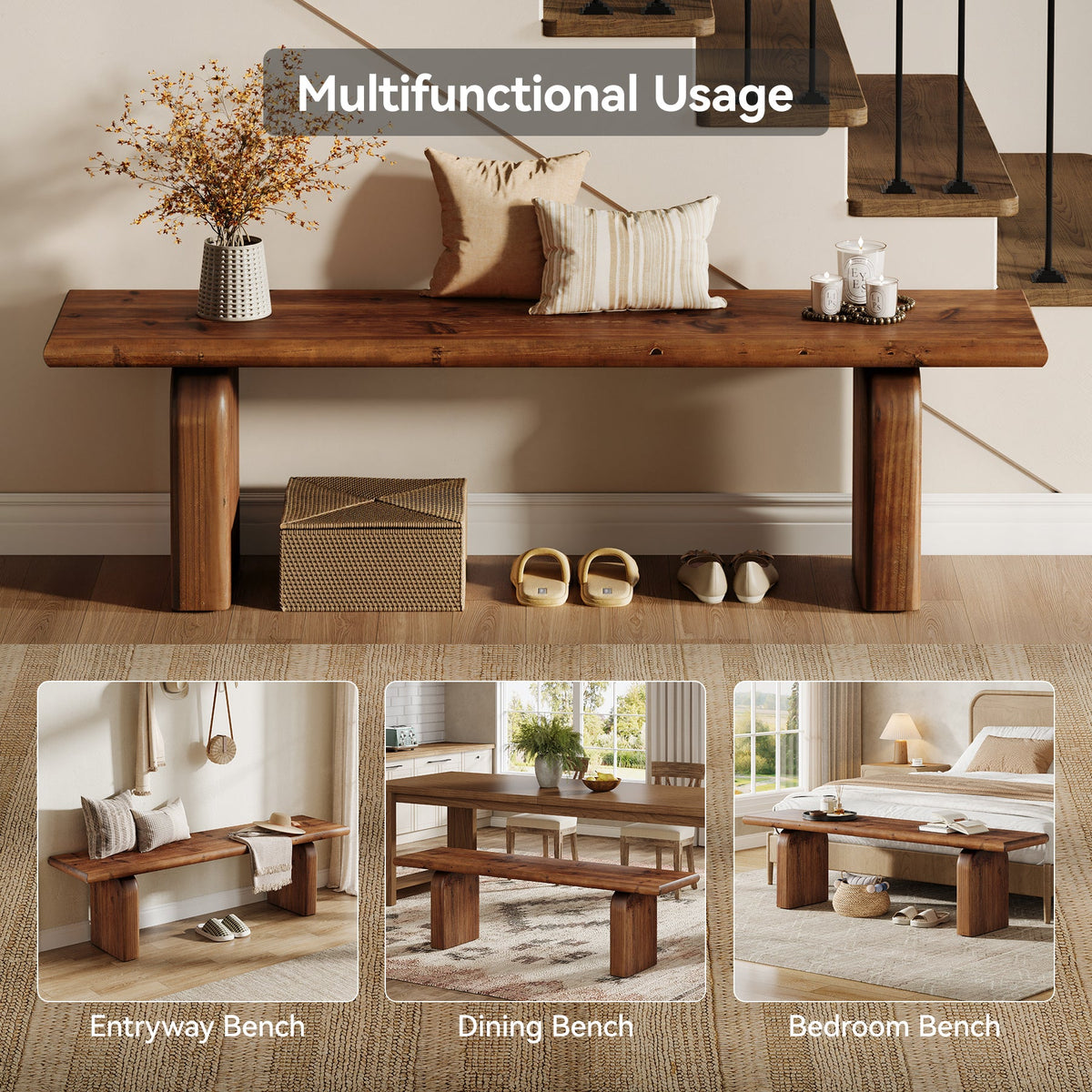 62.99 Inch Solid Wood Entryway Bench, Farmhouse End of Bed Bench for Bedroom and Hallway