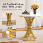 20" Round End Table with Faux Marble Top, White Side Table with Gold Metal Base