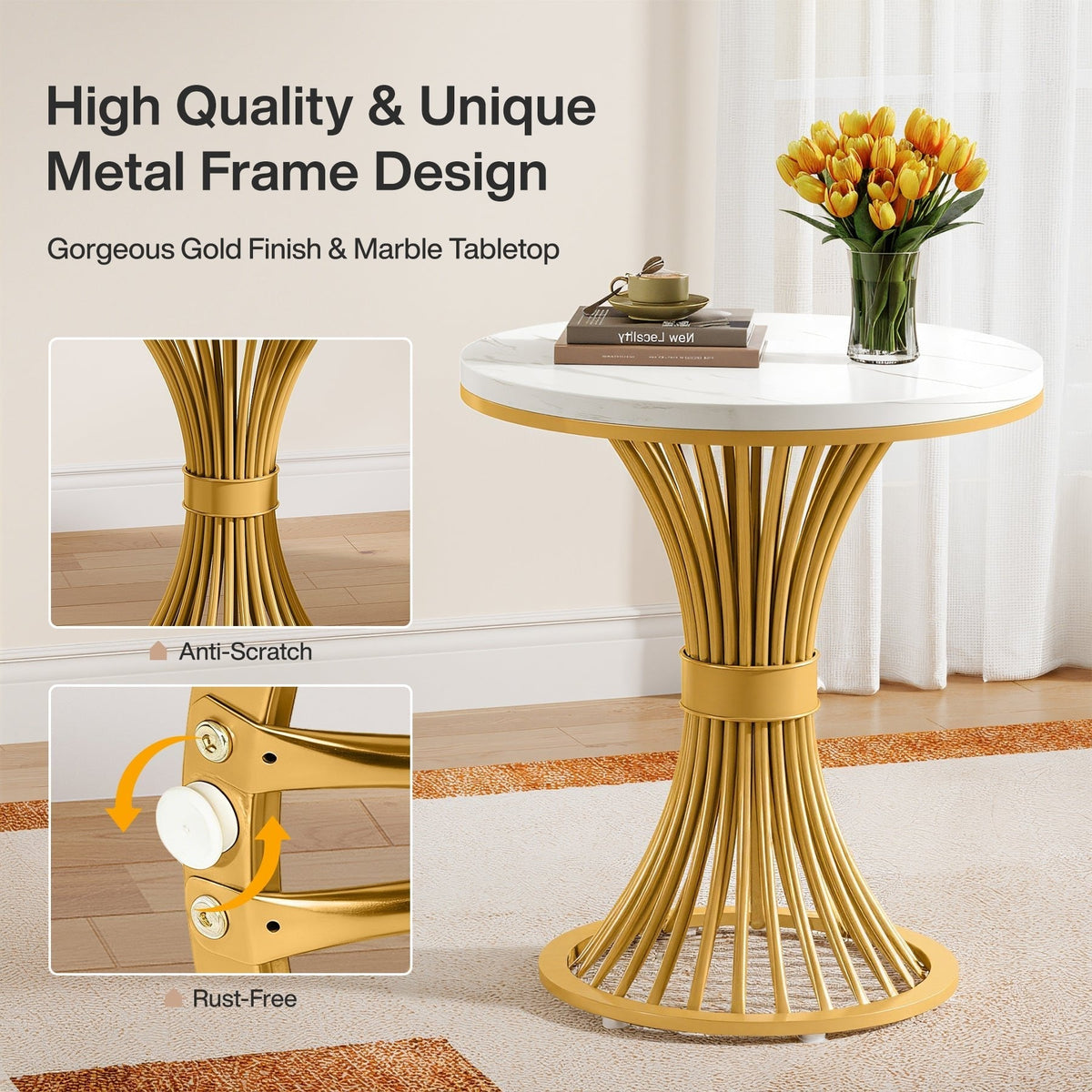 20" Round End Table with Faux Marble Top, White Side Table with Gold Metal Base