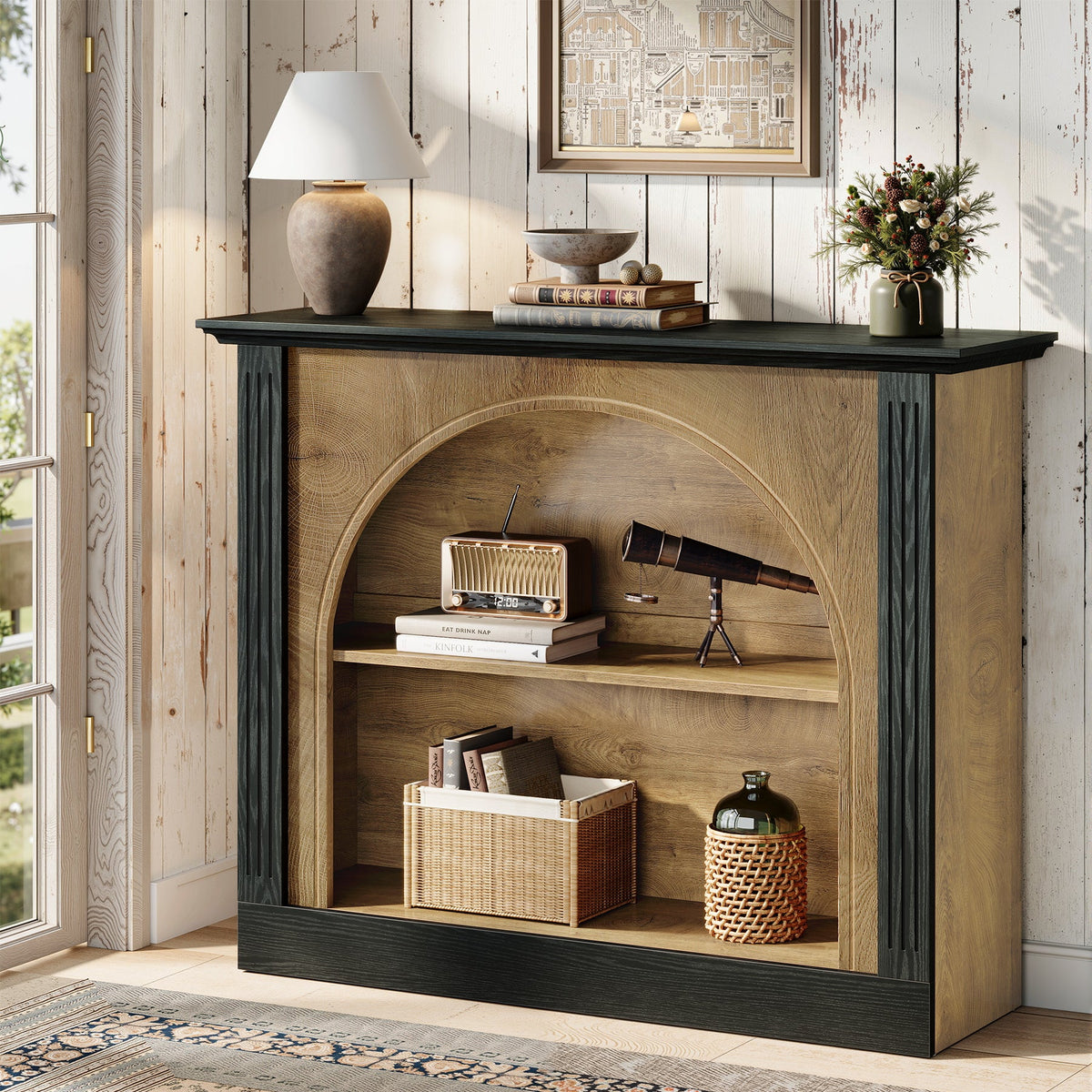 43.3 Inch Narrow Console Table with 3-Tier Storage and Semi-Open Design, Mid-Century Sofa Table for Living Room