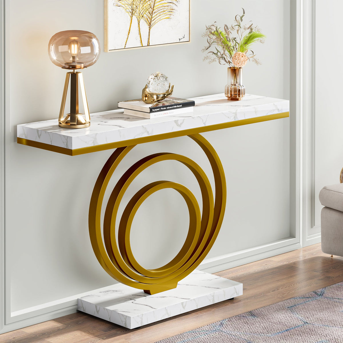 41.3-Inch Gold Console Table, Narrow Entryway Table with Faux Marble Veneer Top and Geometric Metal Frame for Hallway