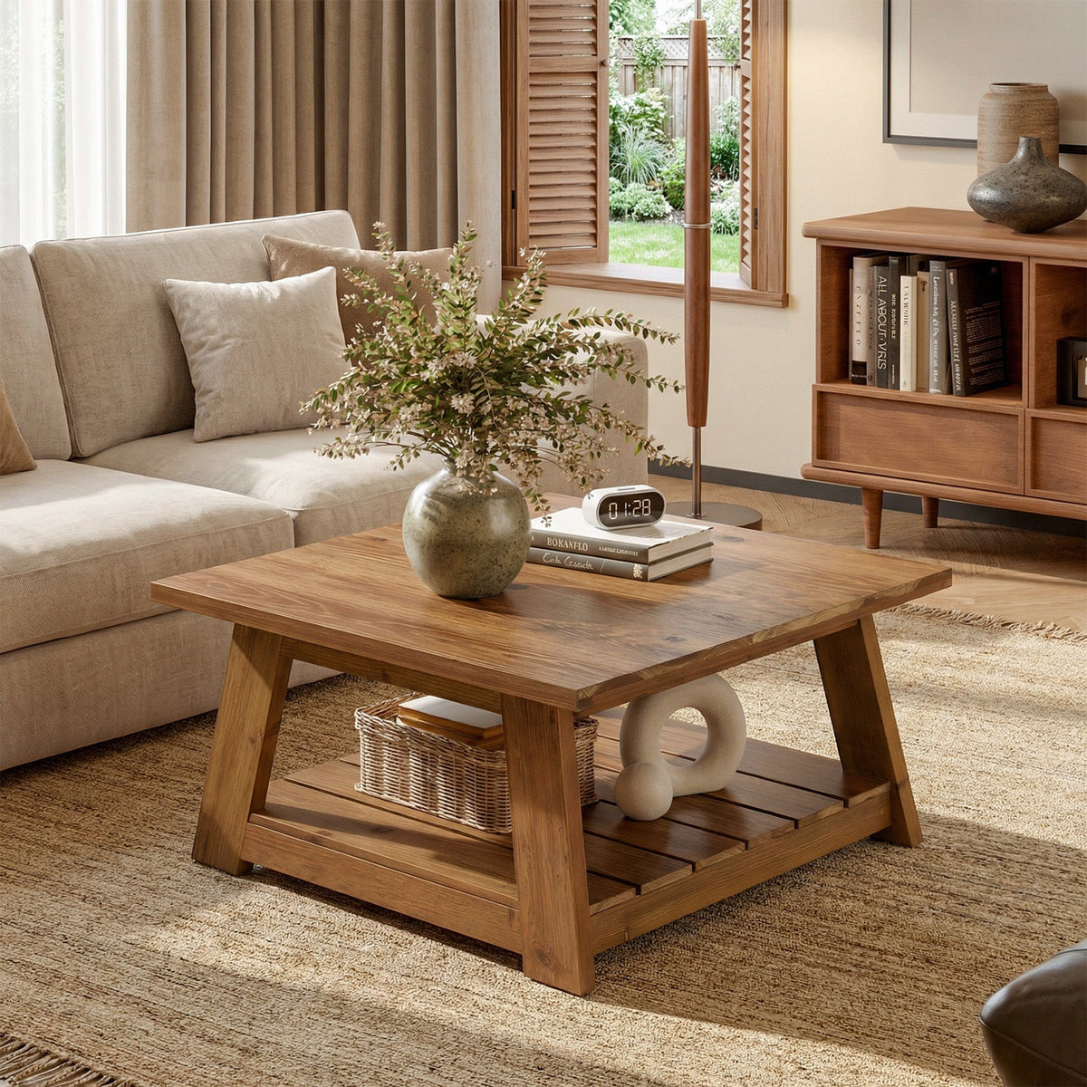 31.5 Inch Solid Wood Square Coffee Table, Farmhouse Centre Table with Storage Shelf
