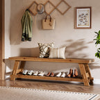 63 Inch Solid Wood Shoe Storage Bench for 6 Pairs, Farmhouse Entryway Seat with Shelf