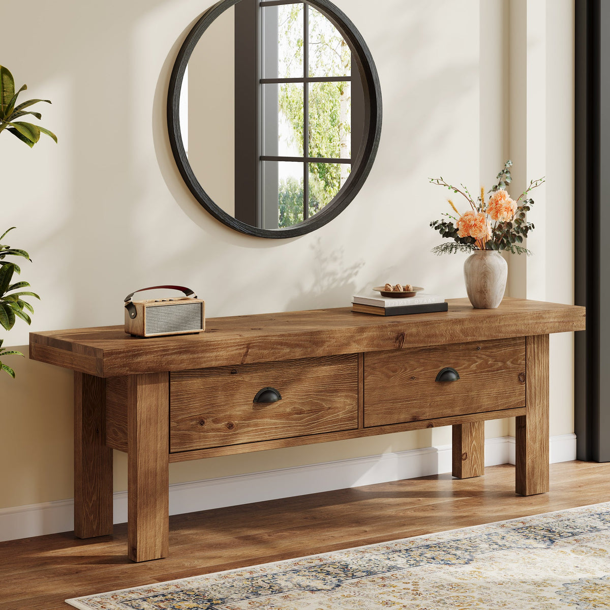 55 Inch Solid Wood Storage Bench with 2 Drawers, Farmhouse Entryway Seat for Hallway