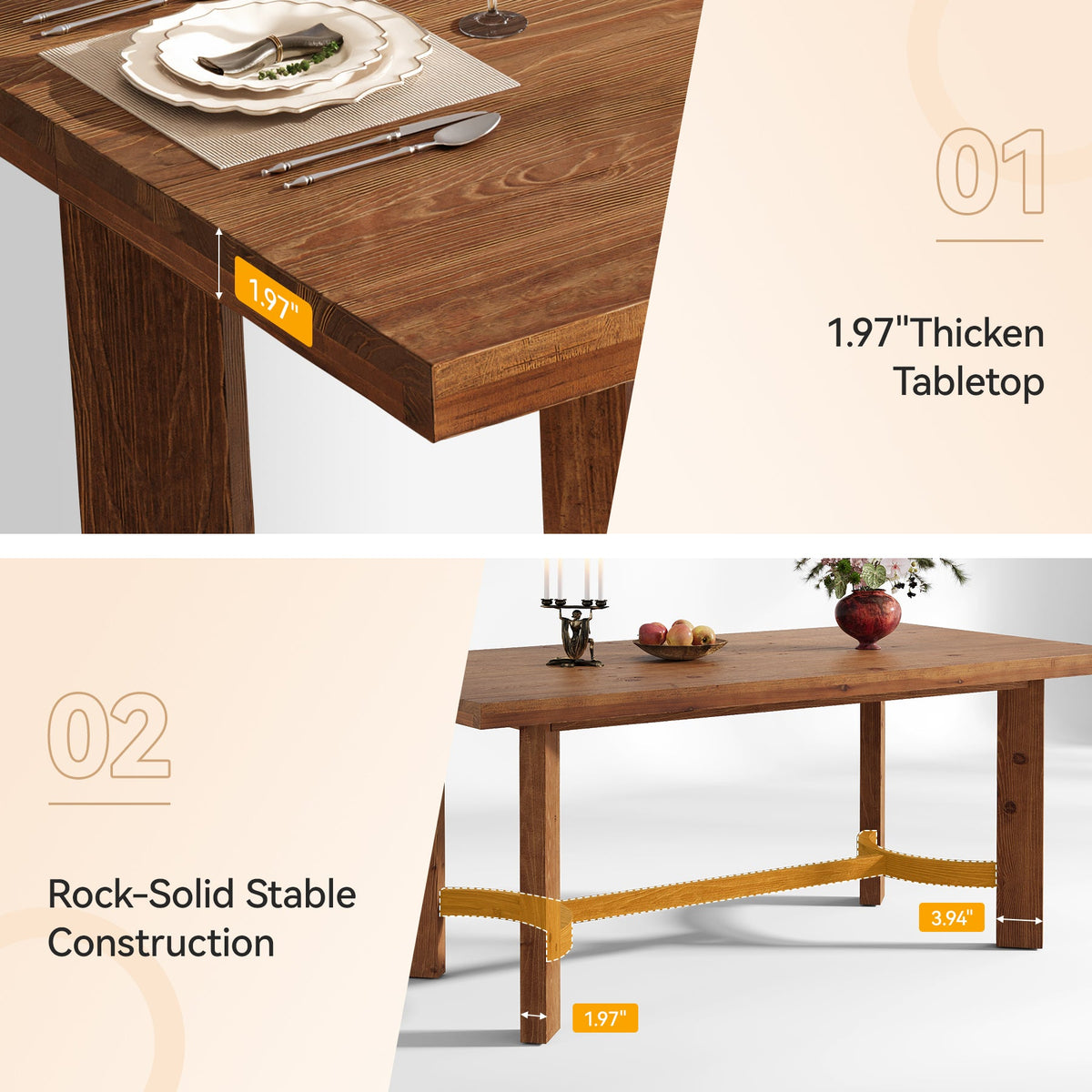 63-Inch Solid Wood Executive Desk, Farmhouse Work Table for Home Office and Meetings