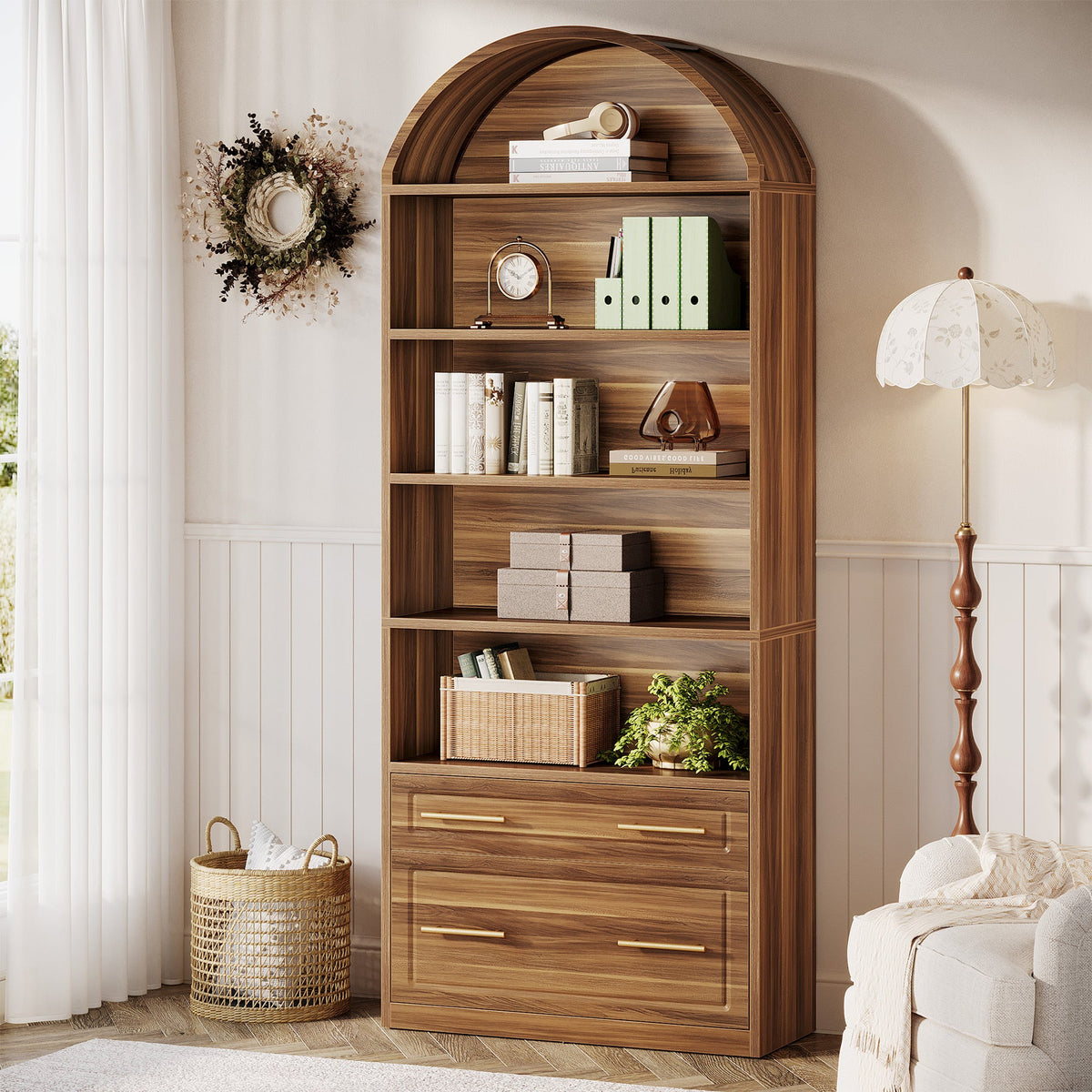 76.8-Inch Arched Bookcase with File Cabinet Drawer, 5-Tier Storage for Home Office