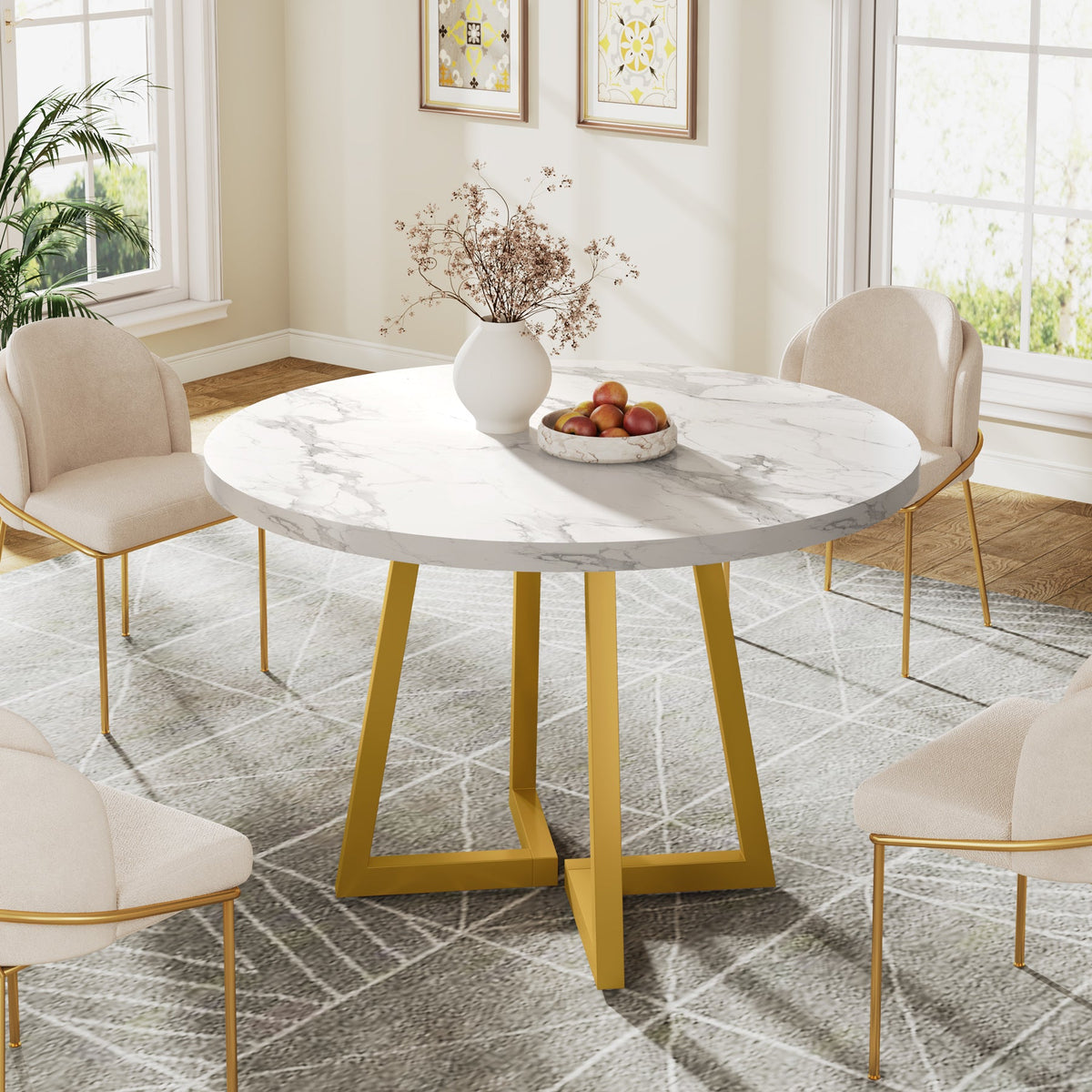 31.5-Inch Round Dining Table for 2, Compact Kitchen Table with Geometric Metal Base#Colour_White