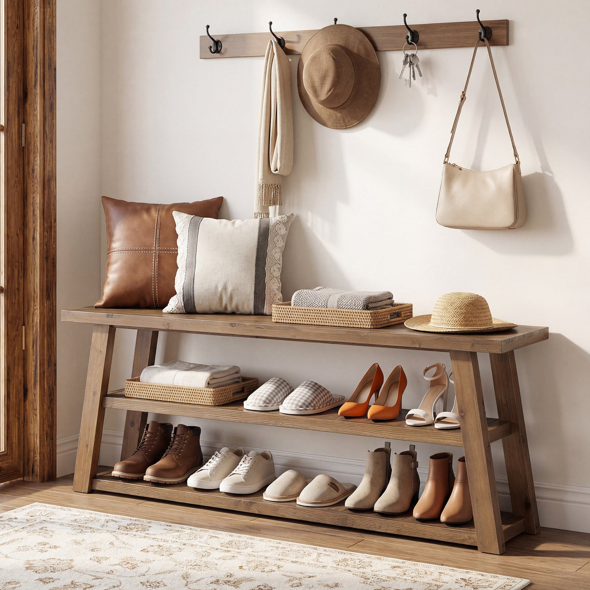 62.99 Inch Solid Wood Console Table with 3-Tier Shelves, Farmhouse Hallway Table