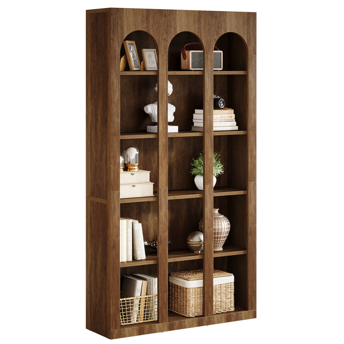 70.87-Inch 5-Tier Arched Bookcase, Mid Century Modern Tall Bookshelf with Open Shelves for Home Office