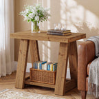 23.62 Inch Solid Wood End Table with 2-Tier Storage Shelves, Farmhouse Side Table for Living Room