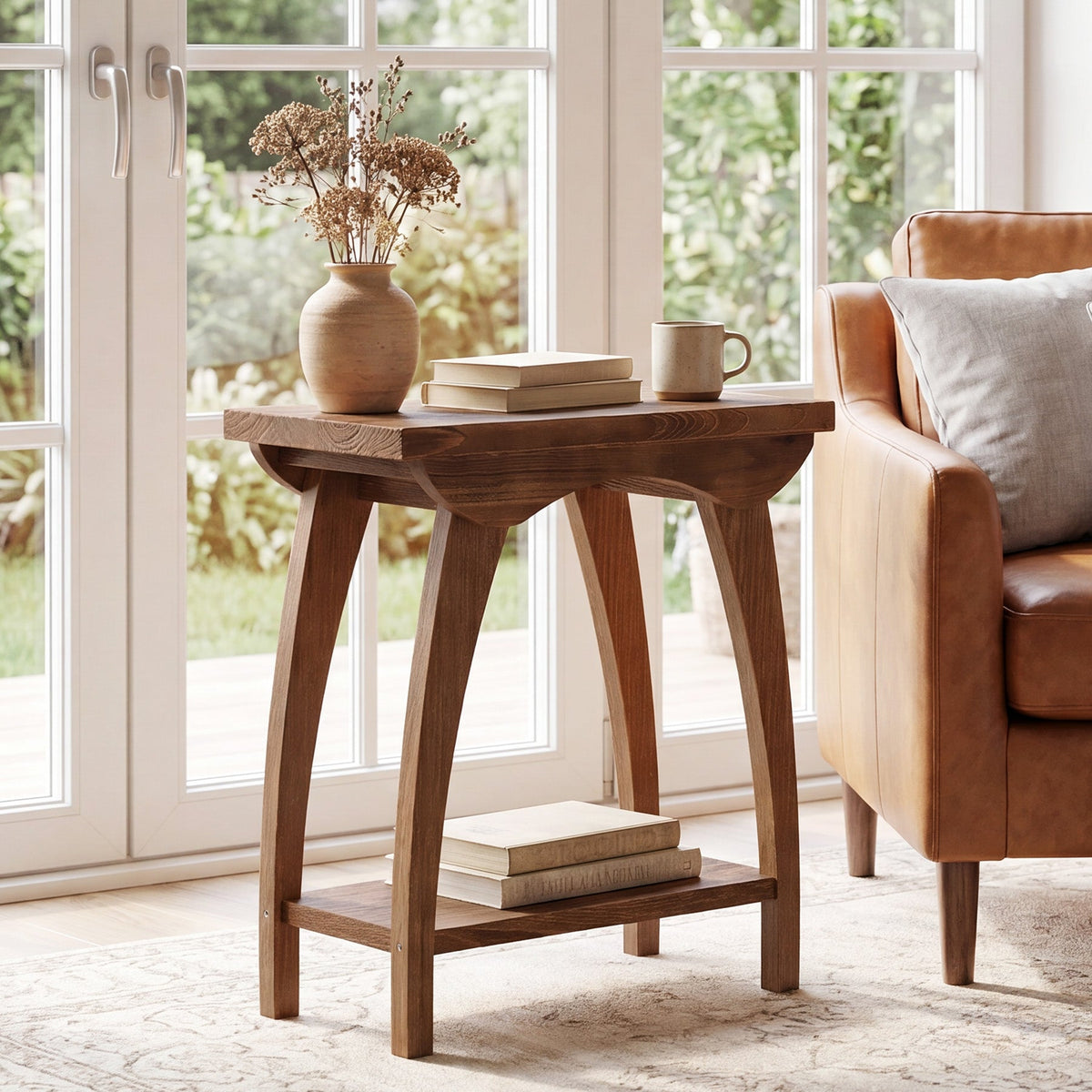 23.62-Inch Solid Wood End Table with Lower Shelf, Farmhouse Side Table for Living Room