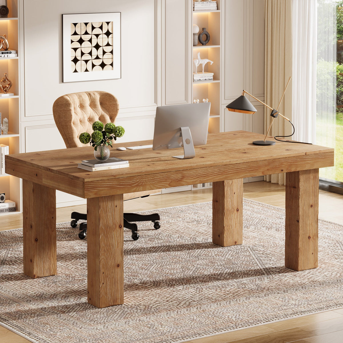 63-Inch Solid Wood Executive Desk with 3.74-Inch Thick Desktop and 350 lb Capacity, Farmhouse Computer Desk for Home Office Study and Business Workstation