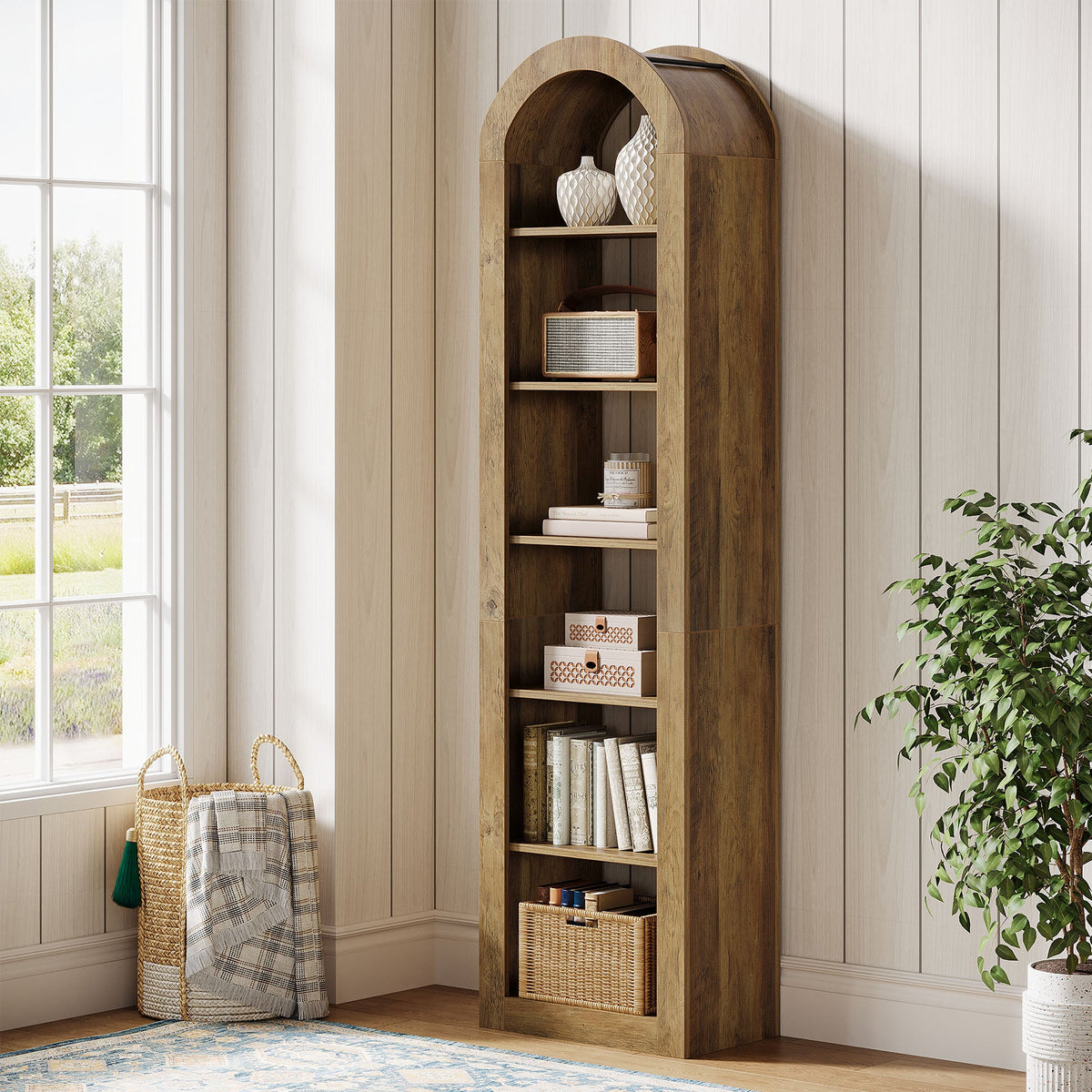 74.8-Inch Tall Arched Bookshelf, 6-Tier Narrow Open Bookcase for Small Spaces