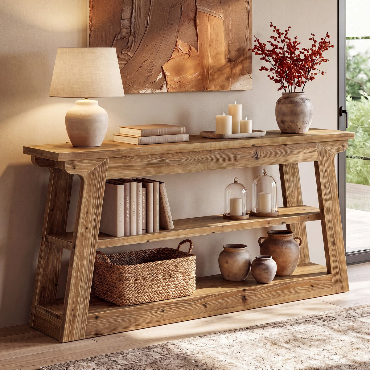 63-Inch Solid Wood Console Table with 3-Tier Storage, Farmhouse Hallway Entry Table