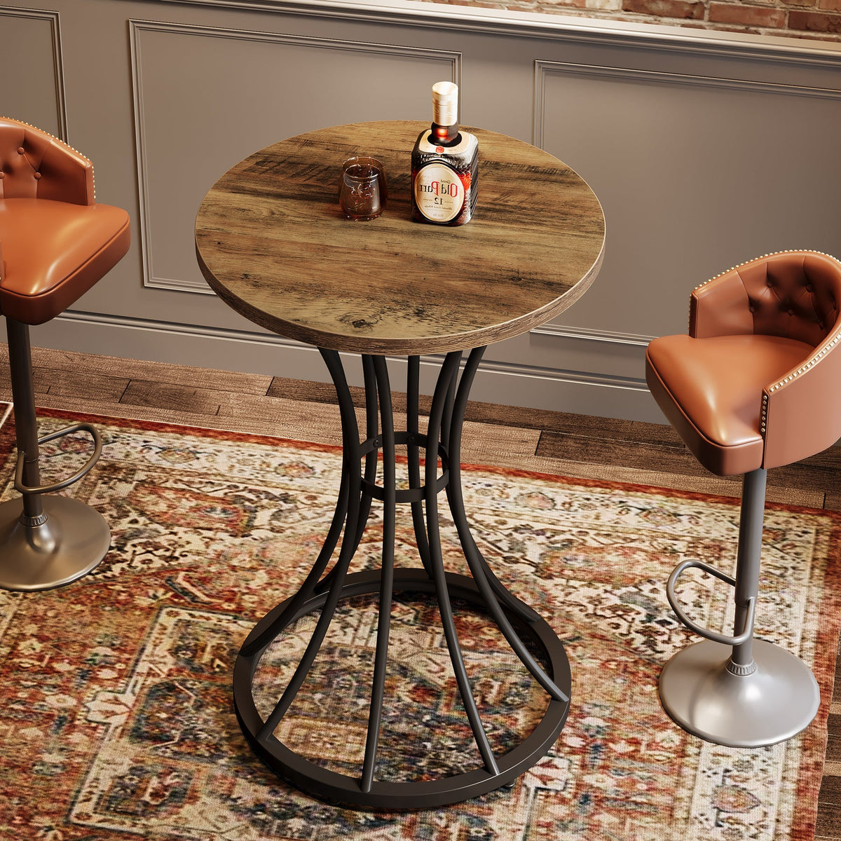 37.4" Round Bar Table for Two, Cocktail Table with Curved Metal Base in Black