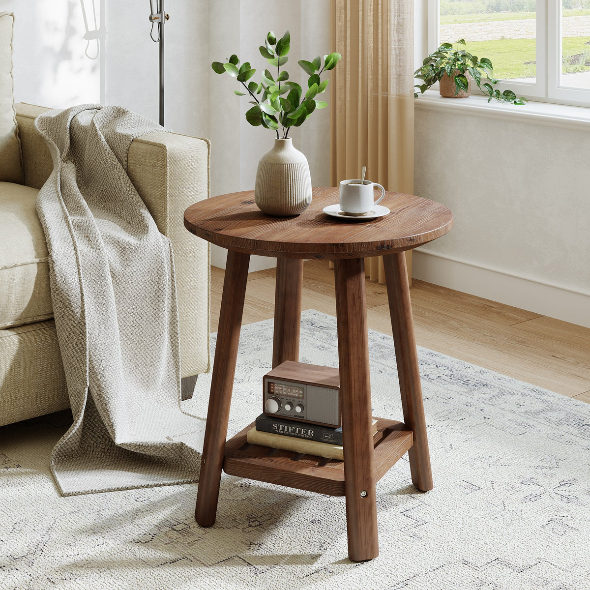 Round Side Table with 2-Tier Storage Shelf, Solid Wood End Table for Small Spaces