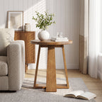 19.69 Inch Solid Wood Round End Table with Geometric Legs, Side Table for Living Room