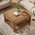 31.5-Inch Square Farmhouse Coffee Table with Storage Shelf, Solid Wood Center Table for Living Room