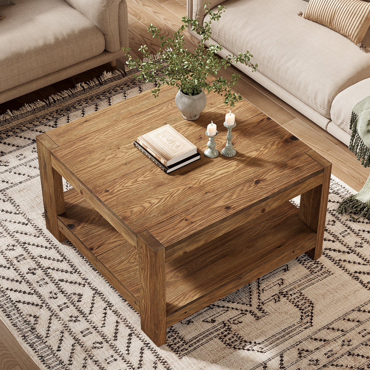 31.5-Inch Square Farmhouse Coffee Table with Storage Shelf, Solid Wood Center Table for Living Room