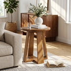 19.69 Inch Solid Wood Round End Table with Geometric Legs, Side Table for Living Room
